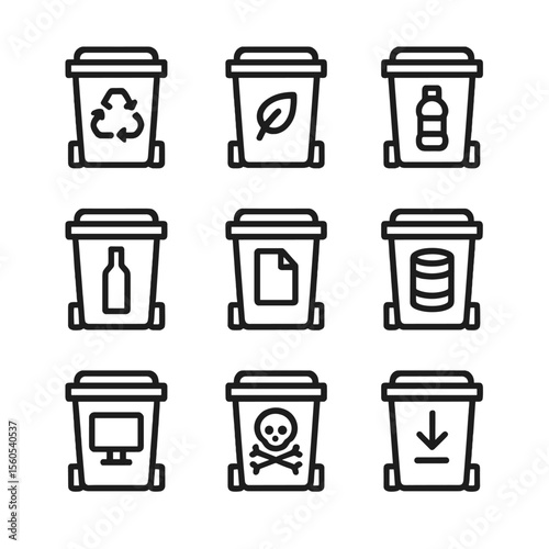 Waste Sorting Icons. Outline icon set of waste sorting systems: recycling bin, compost bin, plastic bin, glass bin, paper bin,
