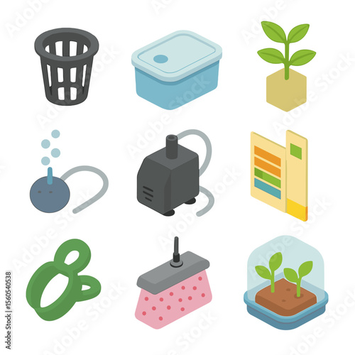 Hydroponics Icon Set. Isometric Flat icon set of hydroponic cutting propagation: hydroponic net pot, nutrient solution reservoir,