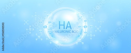 Hyaluronic acid solution in transparent hexagonal dome with surrounding molecules atom collagen blue. Banner for cosmetic products ads. Medical health care skin protection. Vector.