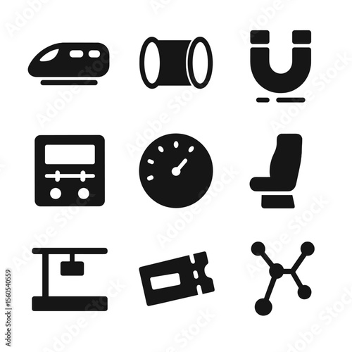 Hyperloop Travel Icons. Solid, filled icon set of hyperloop travel: hyperloop pod, vacuum tube, magnetic levitation, control panel