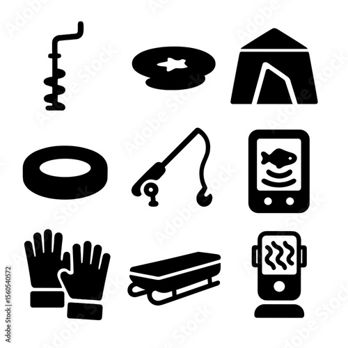 Ice Fishing Icons. Solid, filled icon set of ice fishing: ice auger, frozen lake, thermal tent, ice hole, small rod, fish flasher,