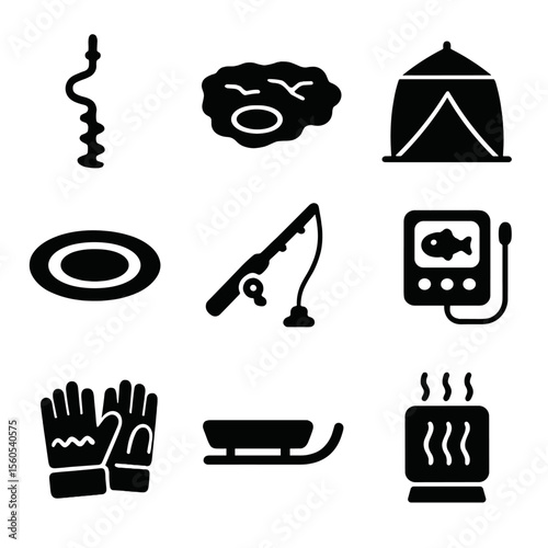 Ice Fishing Icons. Solid, filled icon set of ice fishing: ice auger, frozen lake, thermal tent, ice hole, small rod, fish flasher,