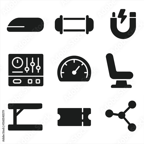 Hyperloop Travel Icons. Solid, filled icon set of hyperloop travel: hyperloop pod, vacuum tube, magnetic levitation, control panel