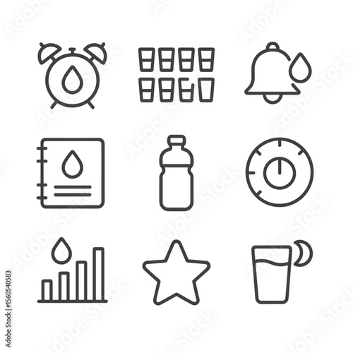 Water Intake Icons. Outline icon set of daily water intake tracking: hourly alarm droplet, 8-glasses progress bar, refill reminder