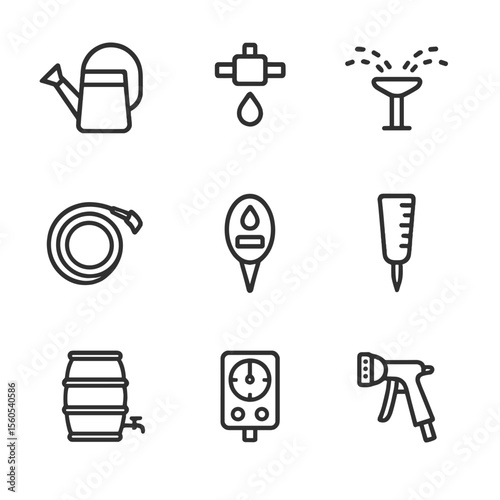 Watering Tools Icons. Outline icon set of Watering and irrigation tools: watering can, drip emitter, sprinkler head, garden hose,