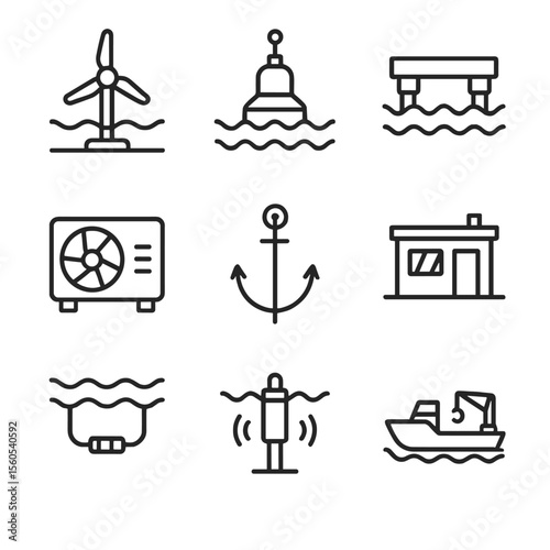 Wave Energy Icons. Outline icon set of Wave energy technology: tidal turbine, wave buoy, floating platform, generator, mooring