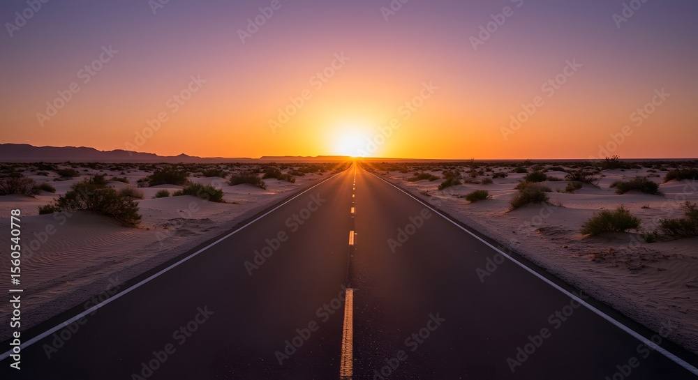Naklejka premium Desert road stretching to the horizon at sunset, clear sky above, plants on either side of the road.
