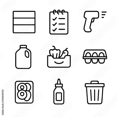 Weekly Fridge Icons. Outline icon set of weekly fridge inventory: shelf diagram, notepad checklist, barcode scanner, milk jug,