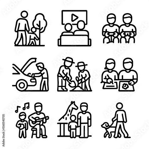 Weekend Activities Icons. Outline icon set of weekend activities with dad: going to the park, movie night, playing video games,