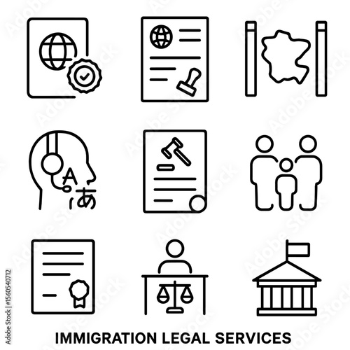 Immigration Services Icons. Outline icon set of immigration legal services: passport with legal stamp, visa application form,
