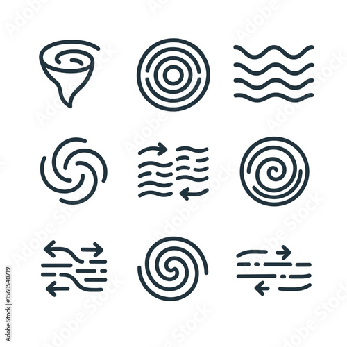 Whirlpool Icons Set. Outline icon set of eddies and whirlpools: whirlpool vortex, circular eddy, standing wave, swirl pattern,