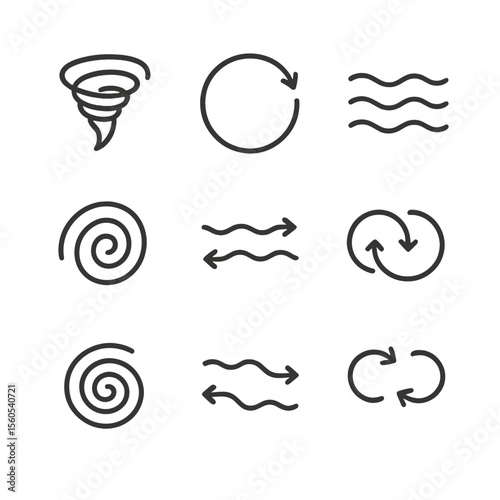 Whirlpool Icons Set. Outline icon set of eddies and whirlpools: whirlpool vortex, circular eddy, standing wave, swirl pattern,