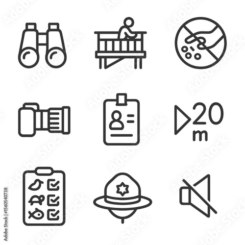 Wildlife Icon Set. Outline icon set of responsible wildlife encounters: binoculars, observation deck, “do not feed” sign, camera
