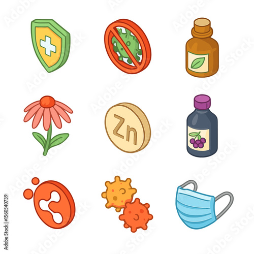 Immunity Support Icons. Isometric Flat icon set of vitamins for immunity support: shield icon, germ with cross, herbal extract