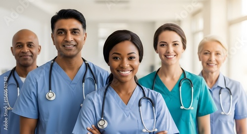 Confident healthcare professionals, a diverse team united in their commitment to patient care and well-being. Their smiles reflect compassion and expertise.