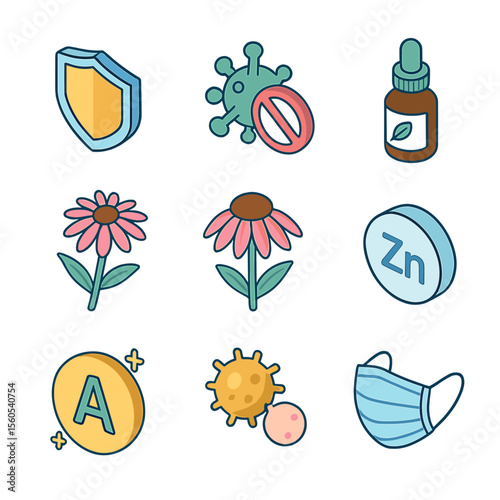 Immunity Support Icons. Isometric Flat icon set of vitamins for immunity support: shield icon, germ with cross, herbal extract