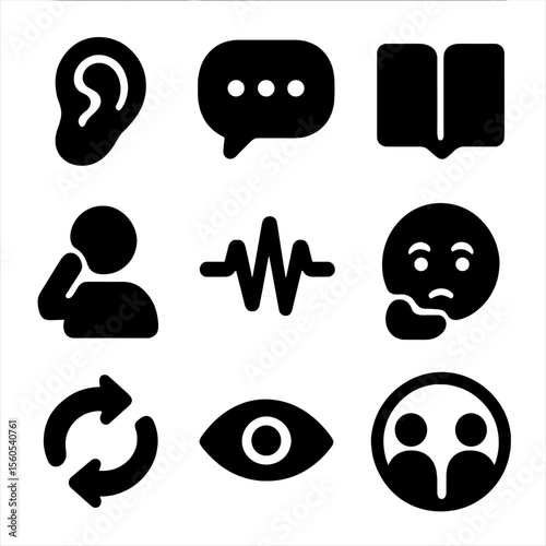 Improving Listening Skills Icons. Solid, filled icon set of improving listening skills in communication: ear icon, speech bubble