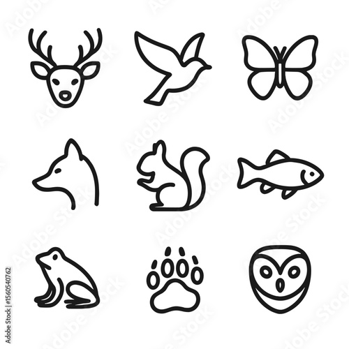 Wildlife Icon Grid. Outline icon set of wildlife subjects: deer head, bird in flight, butterfly, fox profile, squirrel silhouette,