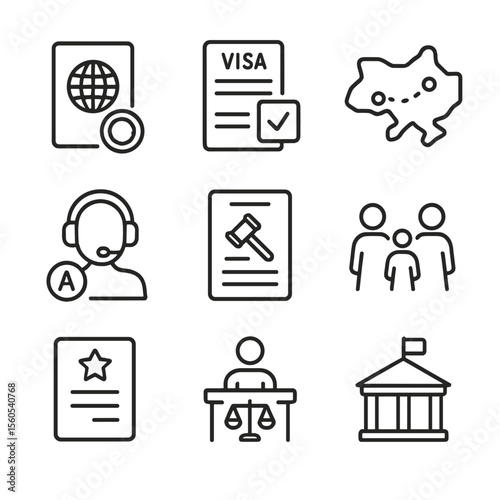 Immigration Services Icons. Outline icon set of immigration legal services: passport with legal stamp, visa application form,