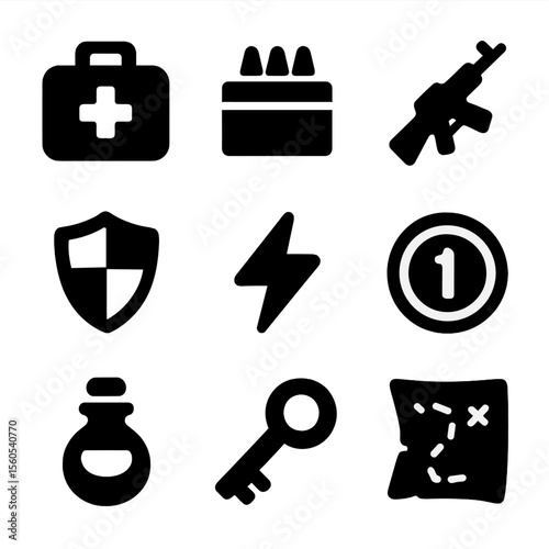 In-Game Icon Grid. Solid, filled icon set of in-game items: health pack, ammo box, weapon, shield, power-up, coin, magic potion,