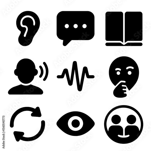 Improving Listening Skills Icons. Solid, filled icon set of improving listening skills in communication: ear icon, speech bubble