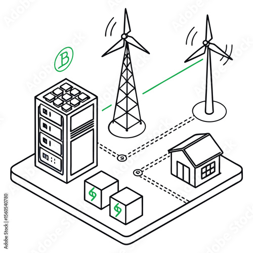 Isometric view of a server connected to wind turbines and a house with bitcoin cubes nearby