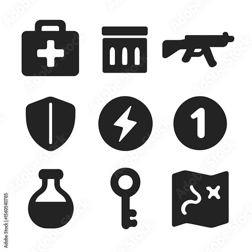 In-Game Icon Grid. Solid, filled icon set of in-game items: health pack, ammo box, weapon, shield, power-up, coin, magic potion,