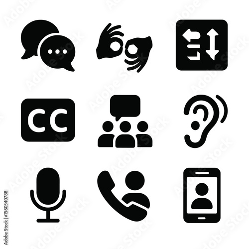 Inclusive Communication Icons. Solid, filled icon set of inclusive communication: diverse speech bubbles, sign language, closed