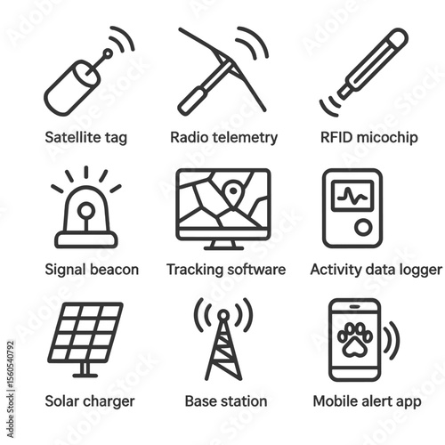 Wildlife Tracking Icons. Outline icon set of wildlife tracking technologies: satellite tag, radio telemetry antenna, RFID