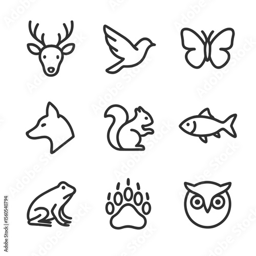 Wildlife Icon Grid. Outline icon set of wildlife subjects: deer head, bird in flight, butterfly, fox profile, squirrel silhouette,