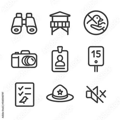 Wildlife Icon Set. Outline icon set of responsible wildlife encounters: binoculars, observation deck, “do not feed” sign, camera