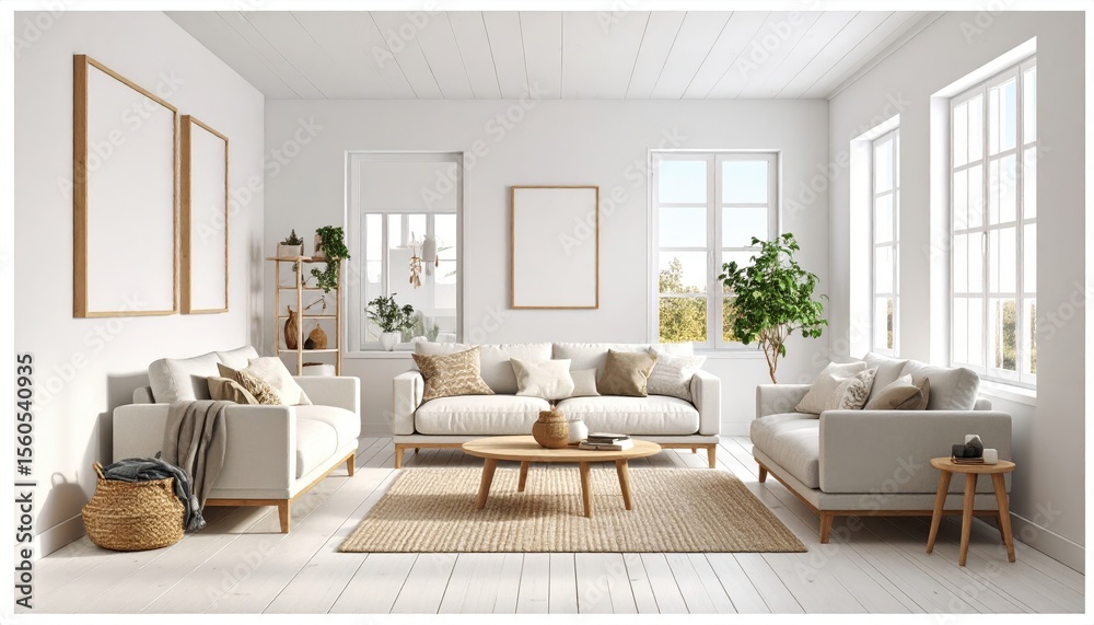 Fototapeta premium Modern living room with cozy furniture, natural light, and decorative plants in a serene setting