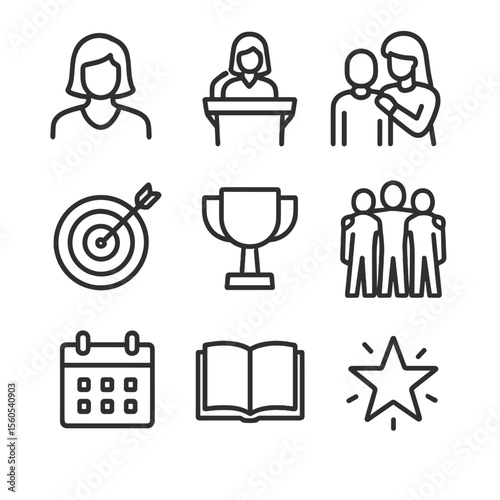 Women Leadership Icons. Outline icon set of leadership and mentorship in women-led firms: woman leader silhouette, speech podium,