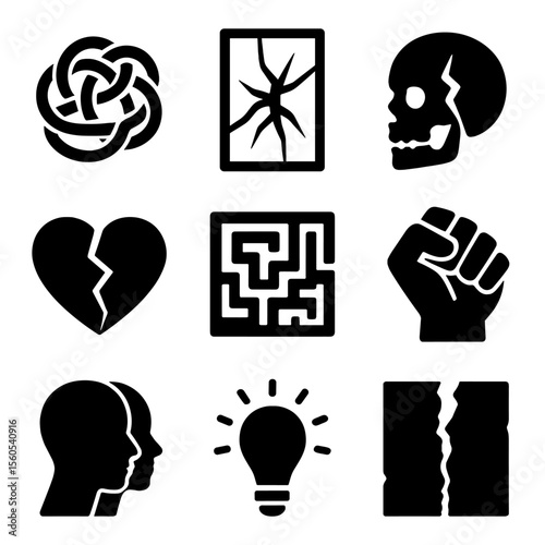 Inner Struggle Icons. Solid, filled icon set of inner struggle: tangled rope, shattered mirror, cracked skull, broken heart, maze,