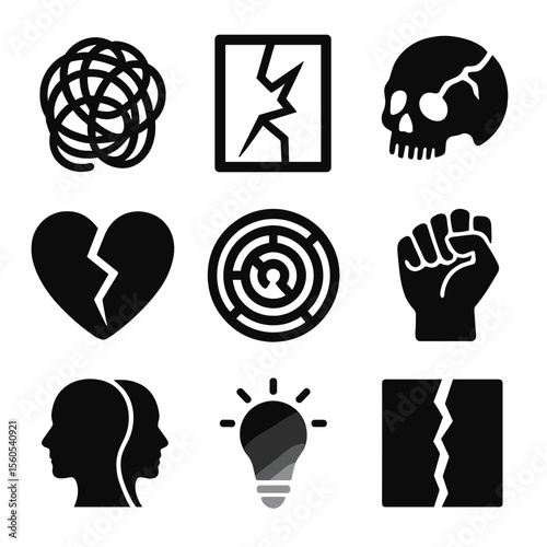 Inner Struggle Icons. Solid, filled icon set of inner struggle: tangled rope, shattered mirror, cracked skull, broken heart, maze,