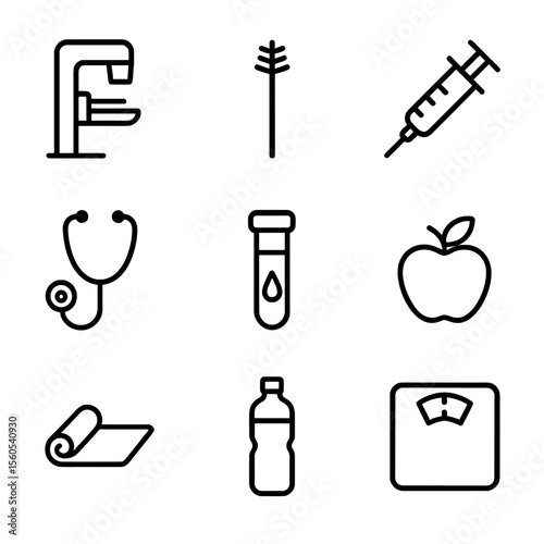 Women's Health Icons. Outline icon set of women’s preventive health: mammogram machine, Pap smear brush, vaccine syringe,