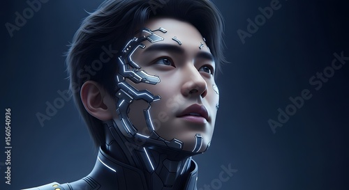 A futuristic man, his face adorned with intricate cybernetic enhancements, gazes upward with a pensive expression. The deep blue background accentuates the glowing details of his artificial skin.