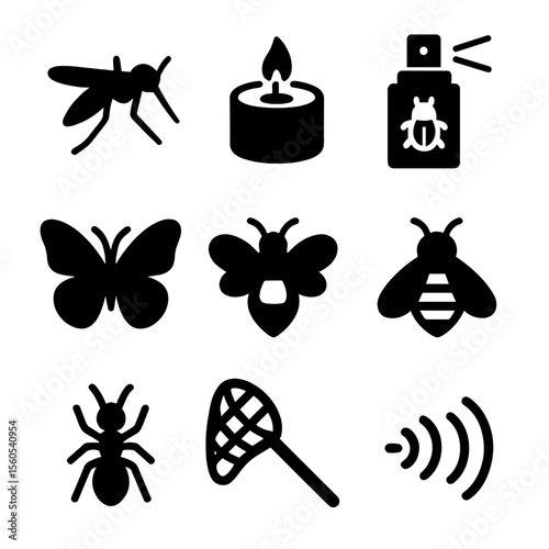 Insect Season Icons. Solid, filled icon set of insect season icons: mosquito, citronella candle, bug spray, butterfly, firefly,