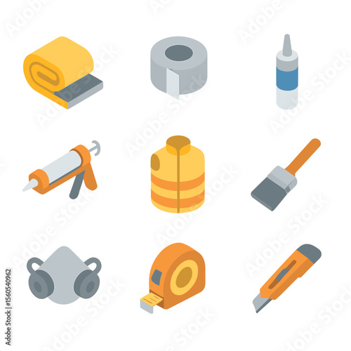 Insulation Tools Icon Set. Isometric Flat icon set of insulation and sealing tasks: duct insulation roll, foil tape, mastic