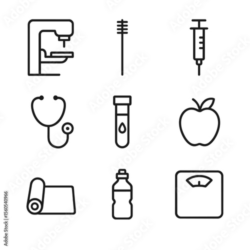 Women's Health Icons. Outline icon set of women’s preventive health: mammogram machine, Pap smear brush, vaccine syringe,