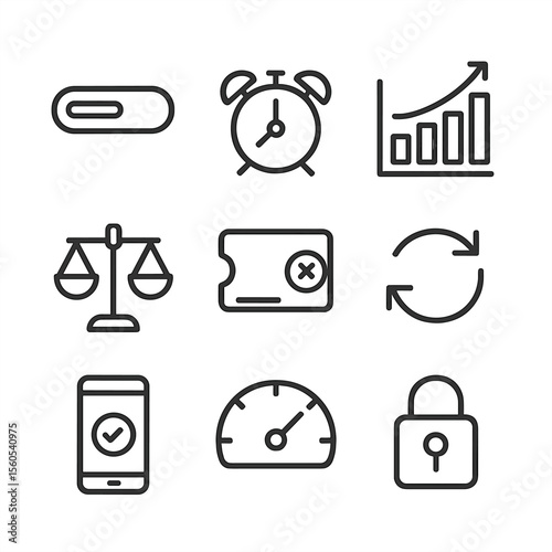 Workflow Monitoring Icons. Outline icon set of distributed workflow monitoring: progress bar, deadline alarm clock, resource chart