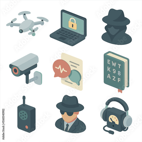 Intelligence Operation Icons. Isometric Flat icon set of intelligence gathering operations: spy drone, encrypted laptop, informant