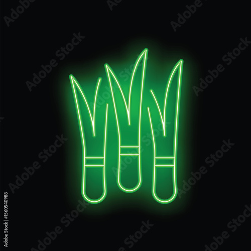 Green neon sign depicting three leeks glowing on a black background