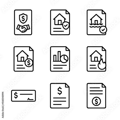 Insurance Document Icons. Outline icon set of Escrow and Insurance Documents: escrow agreement, homeowner’s insurance policy,