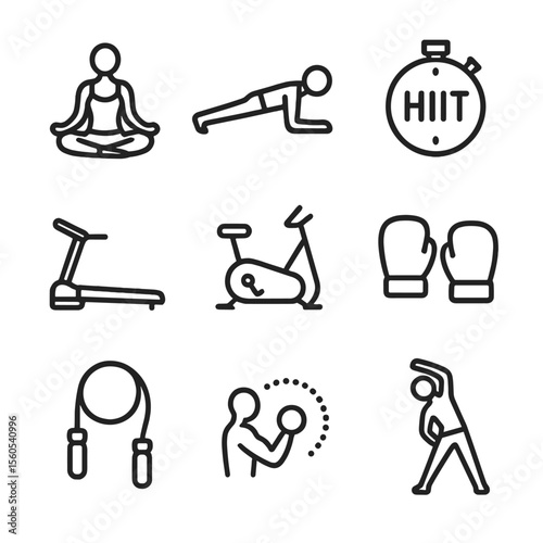 Workout Icon Set. Outline icon set of Workout style variations: yoga pose, plank silhouette, HIIT timer, treadmill, stationary