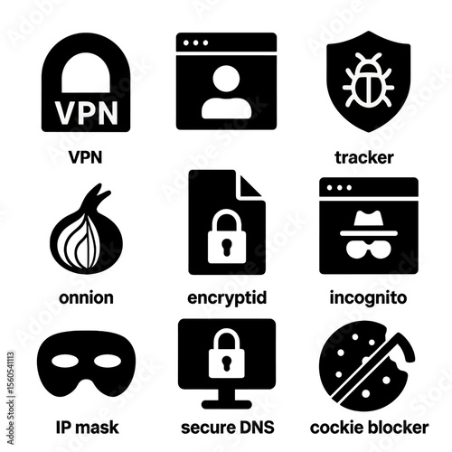 Internet Privacy Icons. Solid, filled icon set of internet privacy tools: VPN tunnel, private browser, tracker shield, onion