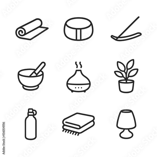 Yoga Essentials Icons. Outline icon set of yoga meditation setup: rolled yoga mat, meditation cushion, incense holder, singing