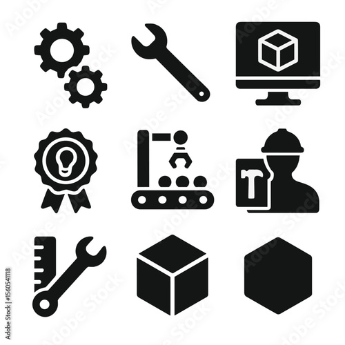 Invention Icons Grid. Solid, filled icon set of invention and prototyping: gears in motion, hand tool, 3D draft, invention badge,
