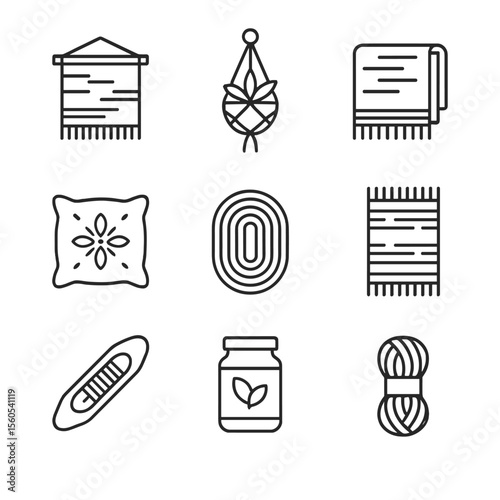 Woven Textile Icon Set. Outline icon set of woven textile home accents: wall tapestry, macramé plant hanger, hand-loomed throw,