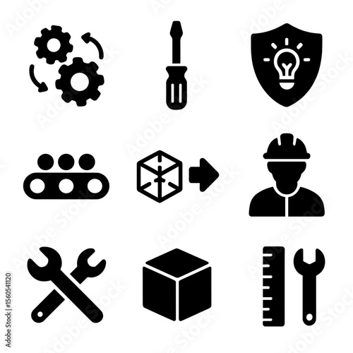 Invention Icons Grid. Solid, filled icon set of invention and prototyping: gears in motion, hand tool, 3D draft, invention badge,
